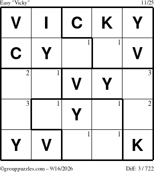 The grouppuzzles.com Easy Vicky puzzle for Wednesday September 16, 2026 with the first 3 steps marked