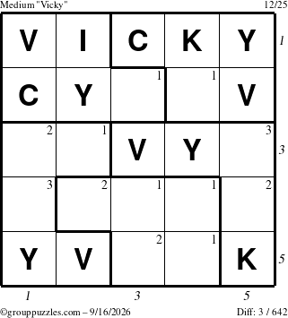 The grouppuzzles.com Medium Vicky puzzle for Wednesday September 16, 2026, suitable for printing, with all 3 steps marked