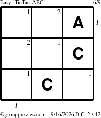 The grouppuzzles.com Easy TicTac-ABC puzzle for Wednesday September 16, 2026, suitable for printing, with all 2 steps marked