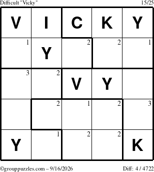 The grouppuzzles.com Difficult Vicky puzzle for Wednesday September 16, 2026 with the first 3 steps marked