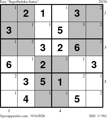 The grouppuzzles.com Easy SuperSudoku-Junior puzzle for Wednesday September 16, 2026 with all 3 steps marked