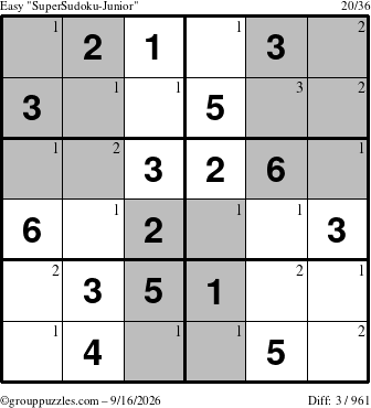 The grouppuzzles.com Easy SuperSudoku-Junior puzzle for Wednesday September 16, 2026 with the first 3 steps marked