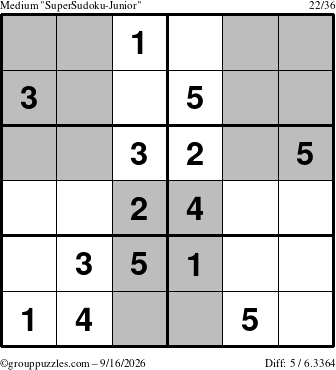 The grouppuzzles.com Medium SuperSudoku-Junior puzzle for Wednesday September 16, 2026
