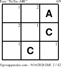 The grouppuzzles.com Easy TicTac-ABC puzzle for Wednesday September 16, 2026 with the first 2 steps marked
