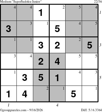 The grouppuzzles.com Medium SuperSudoku-Junior puzzle for Wednesday September 16, 2026, suitable for printing, with all 5 steps marked