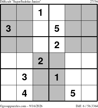 The grouppuzzles.com Difficult SuperSudoku-Junior puzzle for Wednesday September 16, 2026
