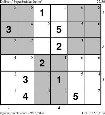 The grouppuzzles.com Difficult SuperSudoku-Junior puzzle for Wednesday September 16, 2026 with all 6 steps marked