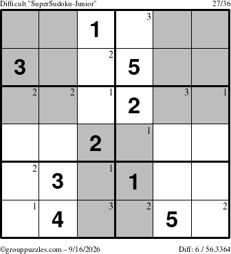 The grouppuzzles.com Difficult SuperSudoku-Junior puzzle for Wednesday September 16, 2026 with the first 3 steps marked