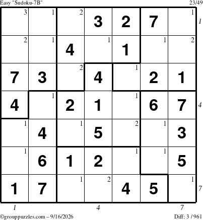 The grouppuzzles.com Easy Sudoku-7B puzzle for Wednesday September 16, 2026 with all 3 steps marked