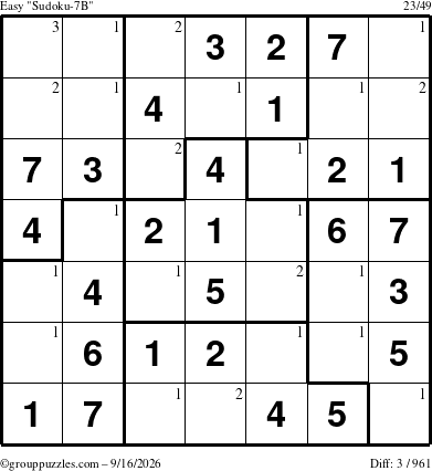 The grouppuzzles.com Easy Sudoku-7B puzzle for Wednesday September 16, 2026 with the first 3 steps marked