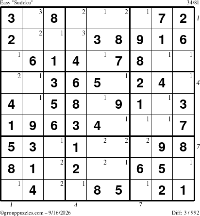 The grouppuzzles.com Easy Sudoku puzzle for Wednesday September 16, 2026 with all 3 steps marked