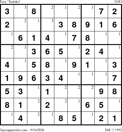 The grouppuzzles.com Easy Sudoku puzzle for Wednesday September 16, 2026 with the first 3 steps marked