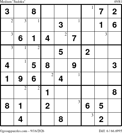 The grouppuzzles.com Medium Sudoku puzzle for Wednesday September 16, 2026 with the first 3 steps marked