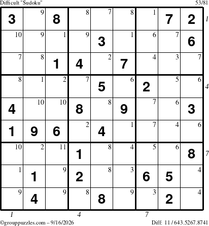 The grouppuzzles.com Difficult Sudoku puzzle for Wednesday September 16, 2026 with all 11 steps marked