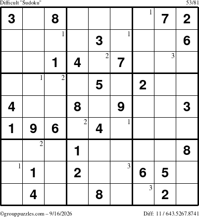 The grouppuzzles.com Difficult Sudoku puzzle for Wednesday September 16, 2026 with the first 3 steps marked
