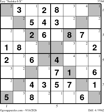 The grouppuzzles.com Easy Sudoku-8-X puzzle for Wednesday September 16, 2026 with all 4 steps marked