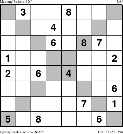 The grouppuzzles.com Medium Sudoku-8-X puzzle for Wednesday September 16, 2026