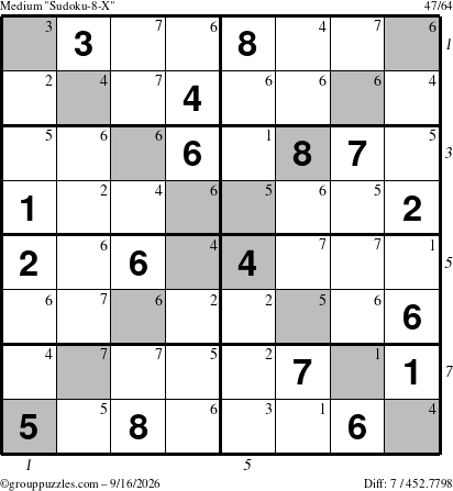 The grouppuzzles.com Medium Sudoku-8-X puzzle for Wednesday September 16, 2026 with all 7 steps marked