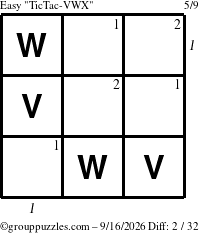 The grouppuzzles.com Easy TicTac-VWX puzzle for Wednesday September 16, 2026, suitable for printing, with all 2 steps marked