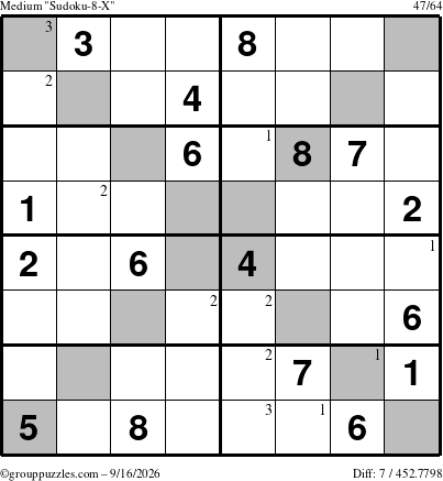 The grouppuzzles.com Medium Sudoku-8-X puzzle for Wednesday September 16, 2026 with the first 3 steps marked