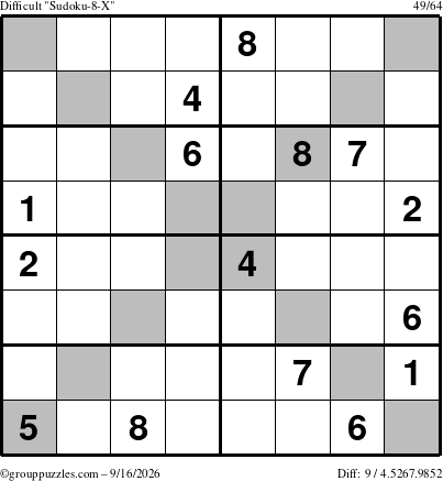The grouppuzzles.com Difficult Sudoku-8-X puzzle for Wednesday September 16, 2026