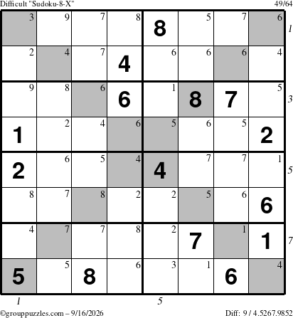The grouppuzzles.com Difficult Sudoku-8-X puzzle for Wednesday September 16, 2026, suitable for printing, with all 9 steps marked