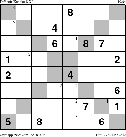 The grouppuzzles.com Difficult Sudoku-8-X puzzle for Wednesday September 16, 2026 with the first 3 steps marked