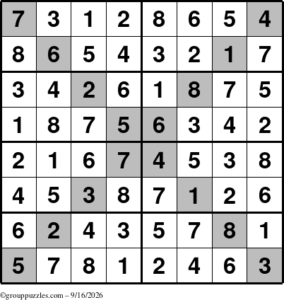 The grouppuzzles.com Answer grid for the Sudoku-8-X puzzle for Wednesday September 16, 2026