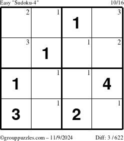 The grouppuzzles.com Easy Sudoku-4 puzzle for Saturday November 9, 2024 with the first 3 steps marked