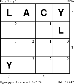 The grouppuzzles.com Easy Lacy puzzle for Saturday November 9, 2024 with all 3 steps marked