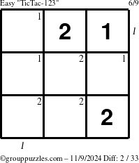 The grouppuzzles.com Easy TicTac-123 puzzle for Saturday November 9, 2024 with all 2 steps marked