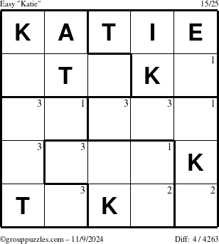 The grouppuzzles.com Easy Katie puzzle for Saturday November 9, 2024 with the first 3 steps marked