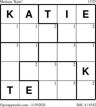 The grouppuzzles.com Medium Katie puzzle for Saturday November 9, 2024 with the first 3 steps marked