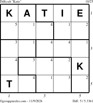 The grouppuzzles.com Difficult Katie puzzle for Saturday November 9, 2024 with all 5 steps marked