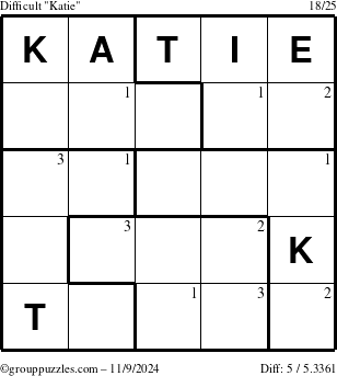 The grouppuzzles.com Difficult Katie puzzle for Saturday November 9, 2024 with the first 3 steps marked