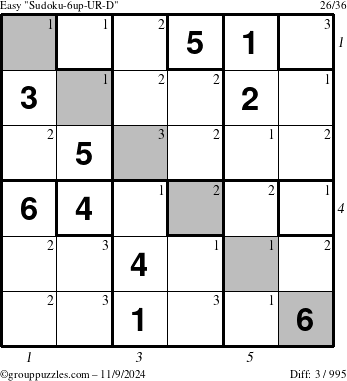 The grouppuzzles.com Easy Sudoku-6up-UR-D puzzle for Saturday November 9, 2024 with all 3 steps marked