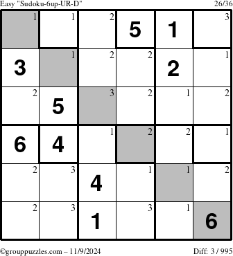 The grouppuzzles.com Easy Sudoku-6up-UR-D puzzle for Saturday November 9, 2024 with the first 3 steps marked