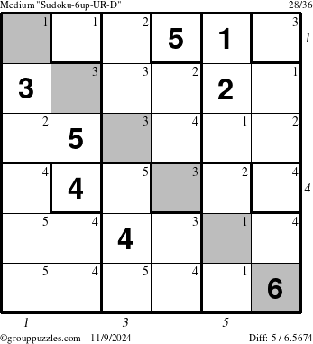 The grouppuzzles.com Medium Sudoku-6up-UR-D puzzle for Saturday November 9, 2024, suitable for printing, with all 5 steps marked