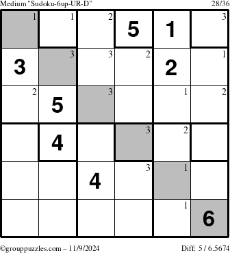 The grouppuzzles.com Medium Sudoku-6up-UR-D puzzle for Saturday November 9, 2024 with the first 3 steps marked