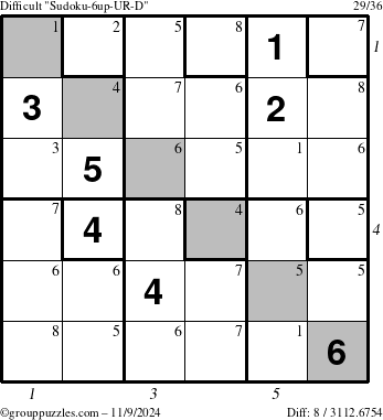 The grouppuzzles.com Difficult Sudoku-6up-UR-D puzzle for Saturday November 9, 2024 with all 8 steps marked