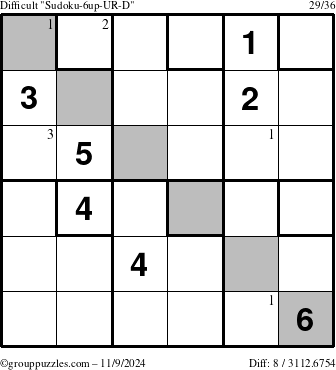 The grouppuzzles.com Difficult Sudoku-6up-UR-D puzzle for Saturday November 9, 2024 with the first 3 steps marked