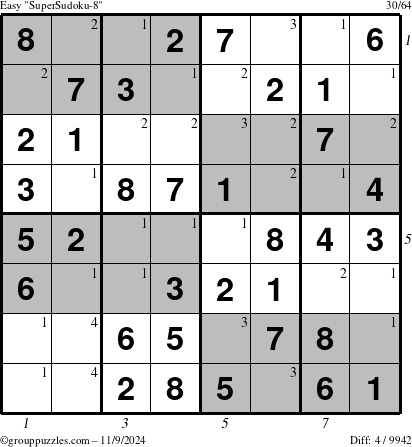 The grouppuzzles.com Easy SuperSudoku-8 puzzle for Saturday November 9, 2024, suitable for printing, with all 4 steps marked