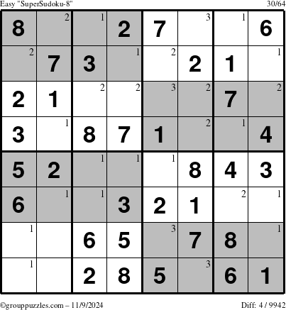 The grouppuzzles.com Easy SuperSudoku-8 puzzle for Saturday November 9, 2024 with the first 3 steps marked