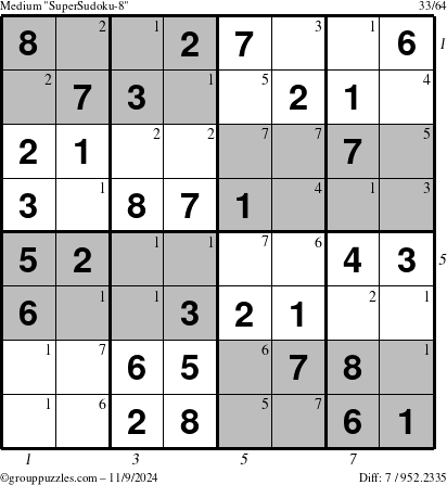 The grouppuzzles.com Medium SuperSudoku-8 puzzle for Saturday November 9, 2024 with all 7 steps marked