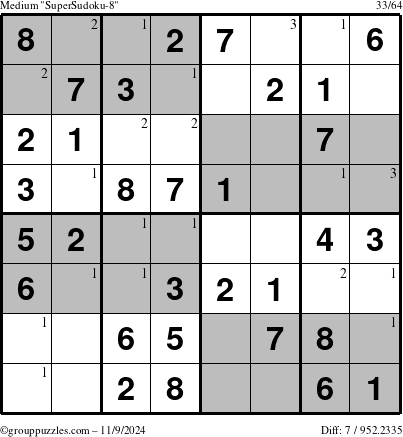 The grouppuzzles.com Medium SuperSudoku-8 puzzle for Saturday November 9, 2024 with the first 3 steps marked