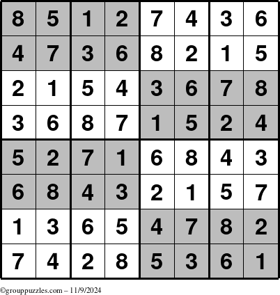 The grouppuzzles.com Answer grid for the SuperSudoku-8 puzzle for Saturday November 9, 2024