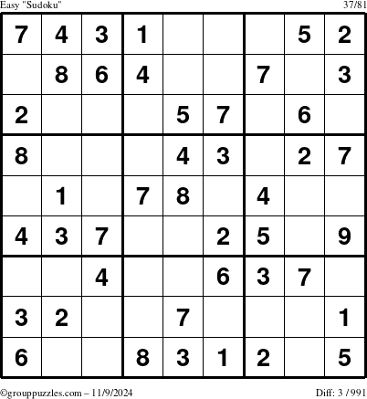 The grouppuzzles.com Easy Sudoku puzzle for Saturday November 9, 2024