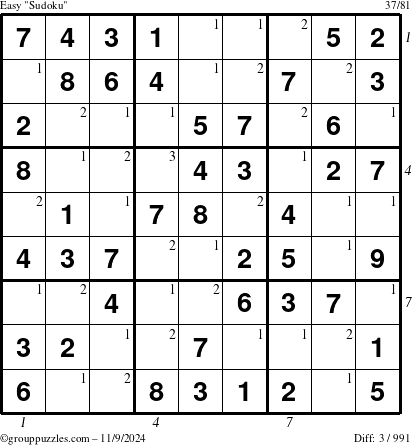 The grouppuzzles.com Easy Sudoku puzzle for Saturday November 9, 2024, suitable for printing, with all 3 steps marked