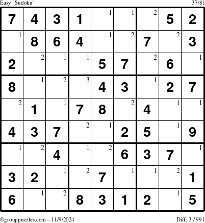 The grouppuzzles.com Easy Sudoku puzzle for Saturday November 9, 2024 with the first 3 steps marked