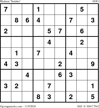 The grouppuzzles.com Medium Sudoku puzzle for Saturday November 9, 2024